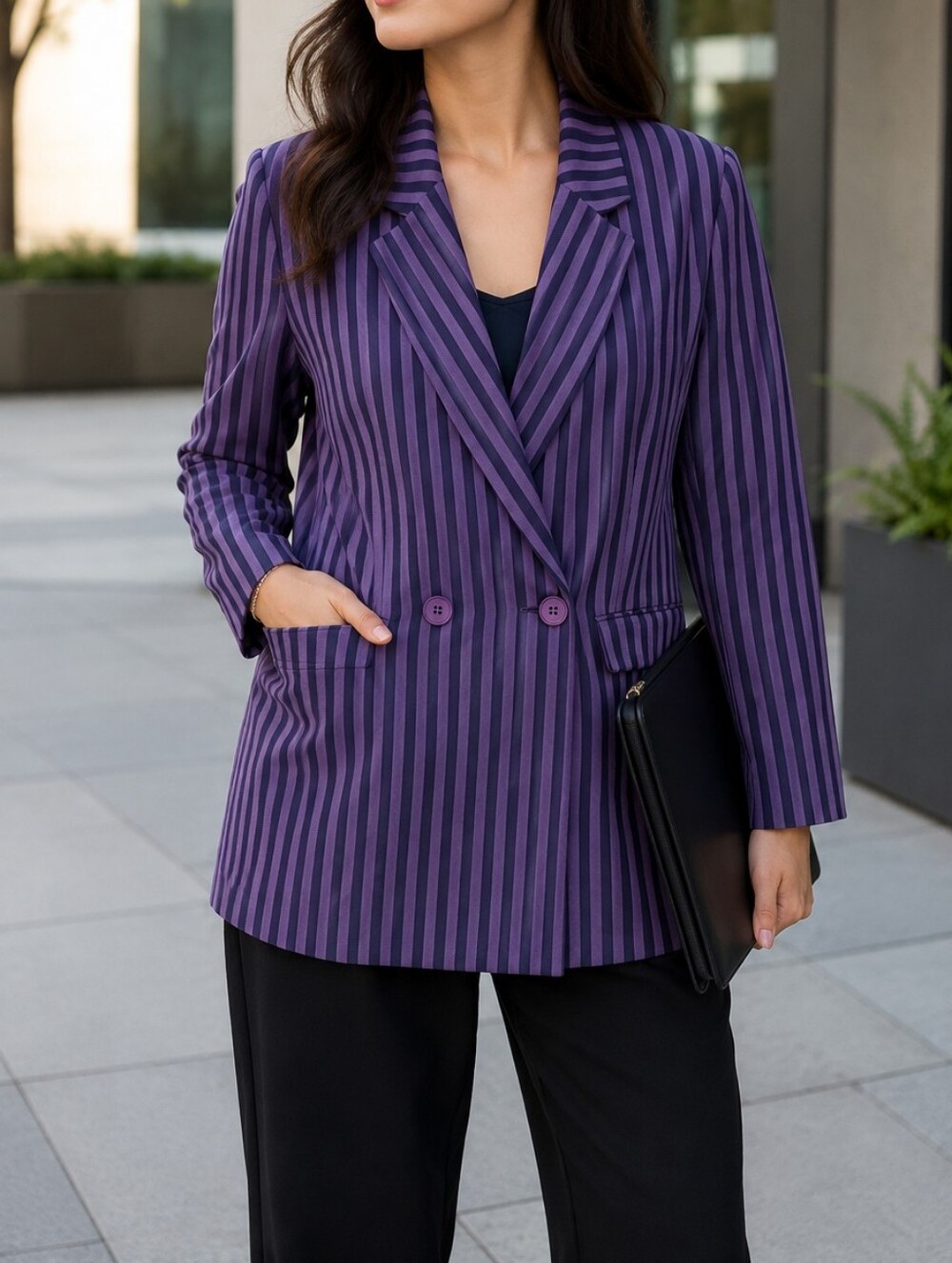 NWT ICHI Purple Stripe Double-Breasted Blazer Lightweight Tailored Career Office
